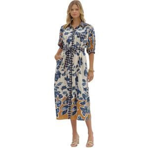 NWT Entro Botanical Print Midi Shirt Dress Belted Pockets Lined Large